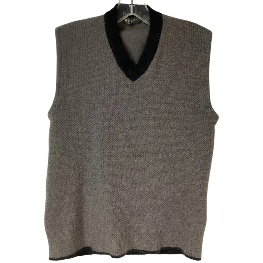 Vintage‎ Guess Classics Gray & Black Merino Wool V-Neck Sweater Vest - Men's XL